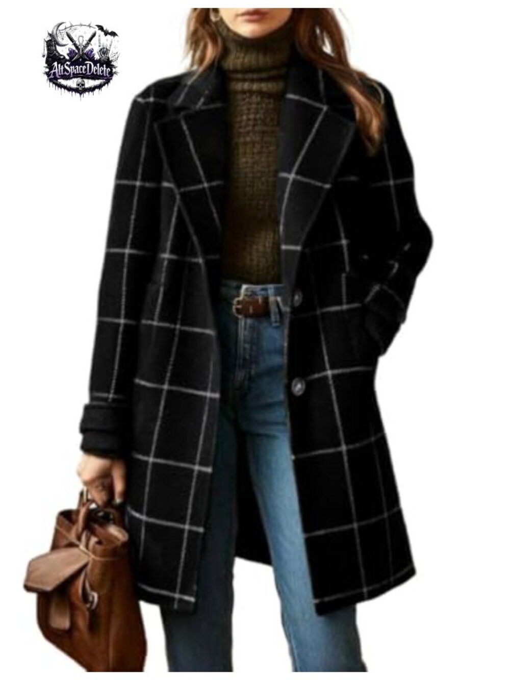 Women's Notched Collar Plaid Wool Trench Coat Button Down Mid Long Overcoat